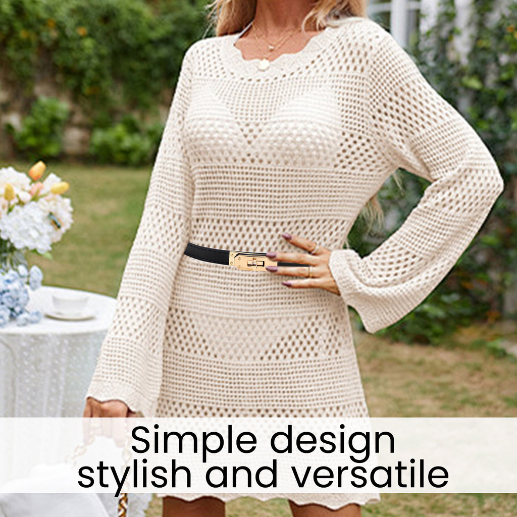 1 Count Women's Black Skinny Leather Belt with Adjustable Silver Turn-Lock Buckle for Dresses & Jeans