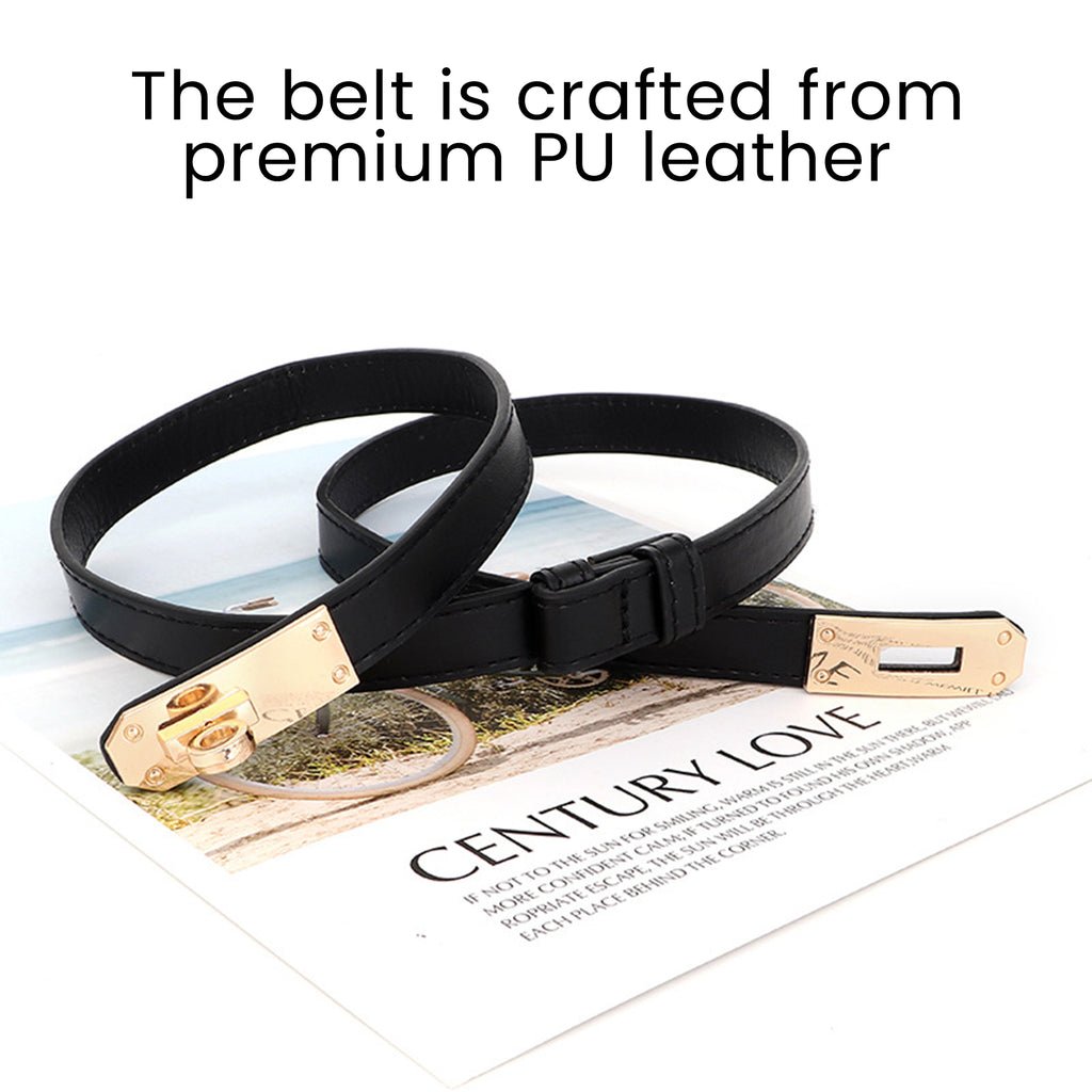 1 Count Women's Black Skinny Leather Belt with Adjustable Silver Turn-Lock Buckle for Dresses & Jeans