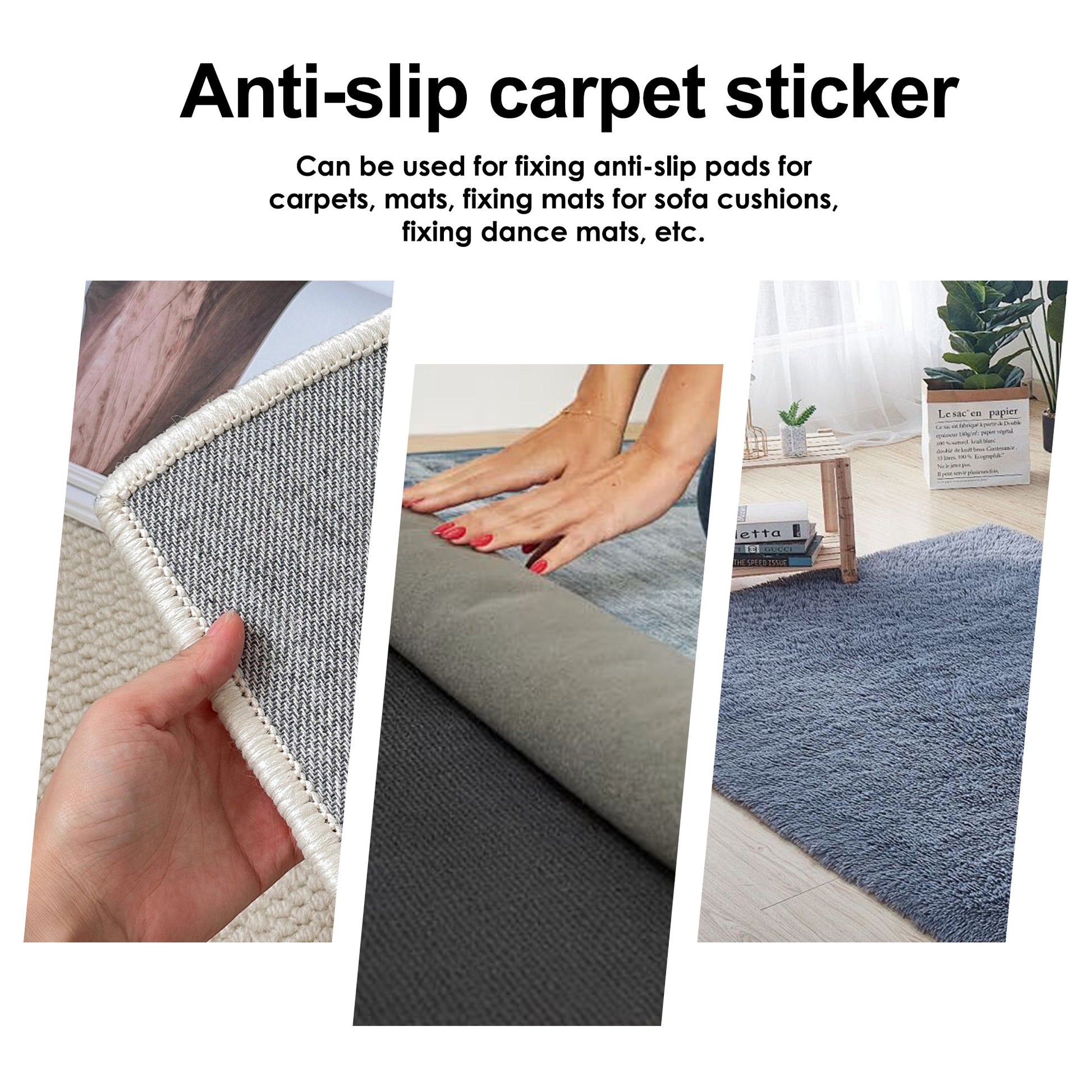 12 Counts Rug Tape, Double-Sided Adhesive, Keeps Corners Flat, Prevents Sliding, Reusable Rug Pads